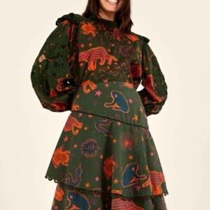 Farm Rio- Green Eyelet Lace Longsleeve Star Reptile Print Multicolored Blouse